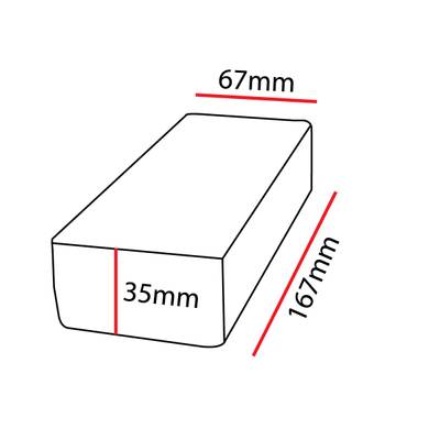 Esquema de un prisma rectangular con dimensiones: longitud 167 mm, anchura 67 mm y altura 35 mm, perfilado con líneas rojas para referencia de iluminación LED.