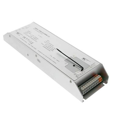 Controlador LED rectangular con carcasa blanca con conectores de entrada/salida y especificaciones etiquetadas en la superficie superior.