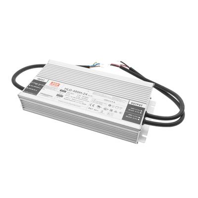 Controlador LED rectangular HLG-480H-24 con cables de entrada/salida en carcasa metálica para soluciones de iluminación energéticamente eficientes.
