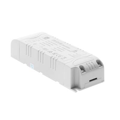 Electrónica de iluminación LED con etiquetas, carcasa blanca y bordes curvados sobre fondo plano, ideal para soluciones de iluminación modernas.