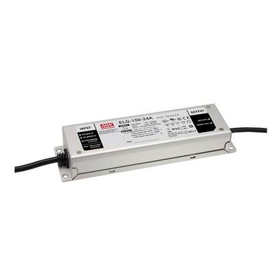 "Controlador LED rectangular 'Mean Well ELG-150-24A' con cables de entrada y salida sobre fondo blanco para soluciones de iluminación eficientes.