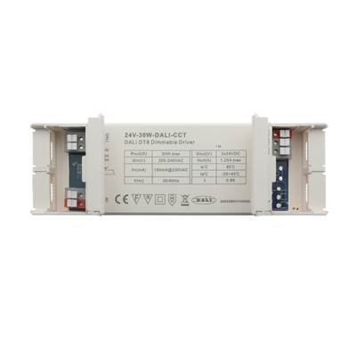 Controlador LED DALI regulable rectangular con conectores de cableado en ambos extremos. Especificaciones para un control eficiente de la iluminación.