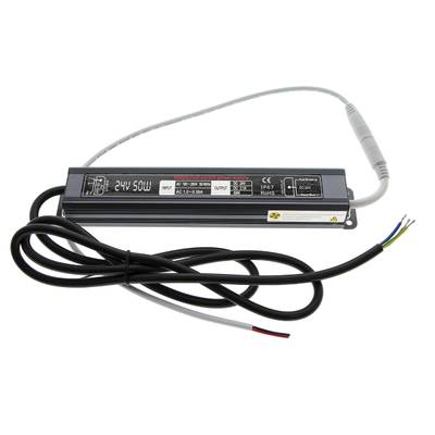 Fuente de alimentación LED rectangular, "24V 50W", con cables; la información de entrada/salida se muestra en una carcasa negra para soluciones de iluminación fiables.