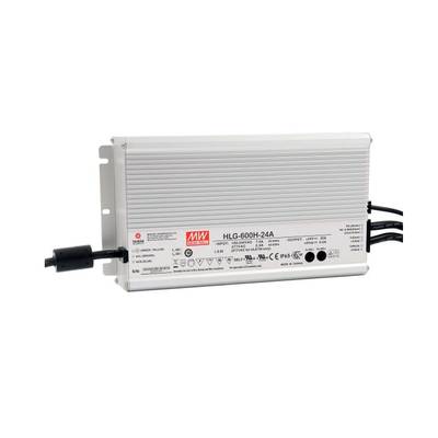 Fuente de alimentación rectangular Mean Well HLG-600H-24A, carcasa acanalada para disipación del calor, múltiples puertos; ideal para sistemas de iluminación LED.