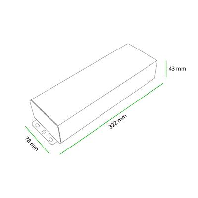Dibujo lineal de una caja de luz LED rectangular de 322 mm (largo) x 78 mm (ancho) x 43 mm (alto), ideal para soluciones de iluminación compactas.