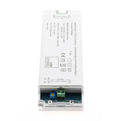 Controlador LED en carcasa blanca con información visible de entrada/salida y conectores para soluciones de iluminación eficientes.