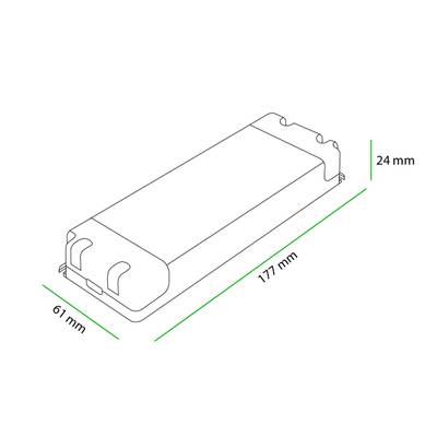 dibujo lineal en 3D de un componente LED rectangular, dimensiones: anchura 61 mm, longitud 177 mm, altura 24 mm para soluciones de iluminación energéticamente eficientes.
