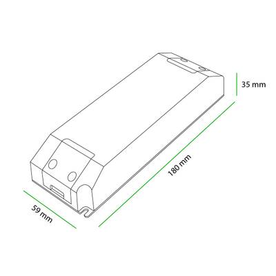 Dibujo lineal de un componente LED rectangular, dimensiones: 180x59x35mm, ilustrado con líneas negras y verdes. Ideal para SEO de iluminación LED.