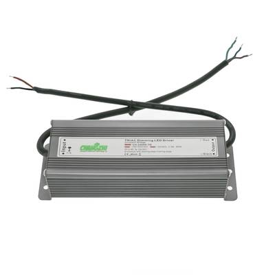 Controlador LED TRIAC dimmer de color plateado con cables conectados, que muestra etiquetas técnicas y especificaciones para un control eficiente de la iluminación.