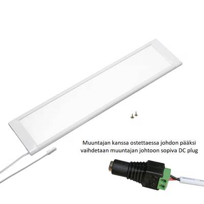 Luminaria de panel LED blanca rectangular, de montaje en superficie, con cable de alimentación y tornillos de fijación sobre fondo blanco.