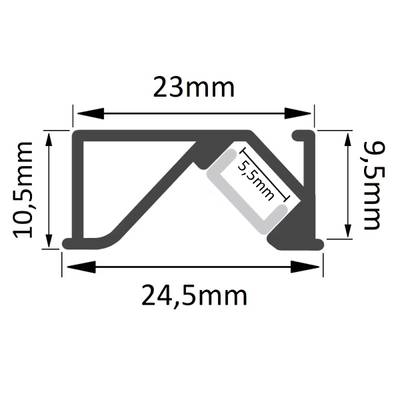 Dimensiones de la lámpara LED: 24,5 mm, 23 mm, 10,5 mm, 9,5 mm, 5,5 mm; las flechas indican la ubicación de las medidas
