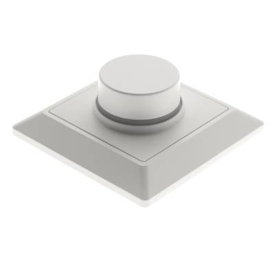 Interruptor dimmer de luz LED blanca con mando giratorio grande para control de iluminación interior. Fondo plano.