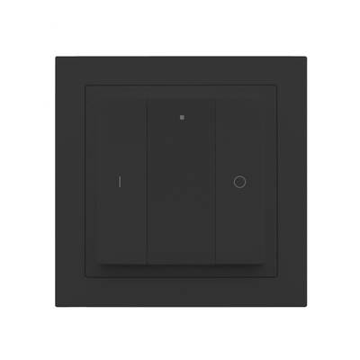 Moderno interruptor LED negro de pared, diseño minimalista de tres botones para el control de la iluminación sobre fondo blanco.