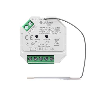 VaLO V230-ZG-DIM2 Zigbee LED dimmer, terminales y antena para soluciones de control de iluminación inteligente.