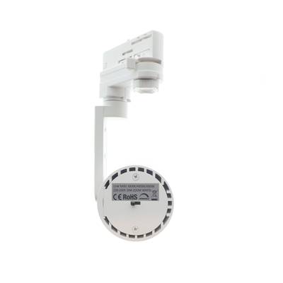 Iluminación LED blanca para carril con cabezal cilíndrico, vista trasera con información eléctrica y etiquetas de certificación.