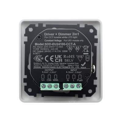 Controlador LED rectangular y unidad de regulación 2en1 con datos de entrada/salida, conexiones de iluminación en la parte inferior.