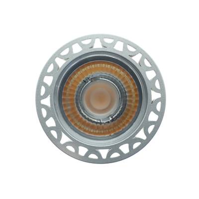 Lámpara LED redonda, marco plateado, anillo de acento naranja, componente de iluminación energéticamente eficiente sobre fondo blanco.