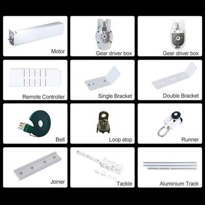 una cuadrícula de 12 imágenes con los componentes de la iluminación LED de carril: motor, soportes, mando a distancia, carriles, conectores.