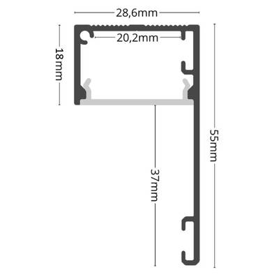 Dibujo técnico de perfil de aluminio LED negro, en forma de L 28,6x55mm, anchura interior 20,2mm, altura interior 37mm.