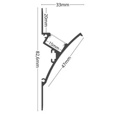 Sección transversal del perfil de iluminación LED, que muestra las dimensiones 33 mm, 20 mm, 15 mm, 47 mm y 82,6 mm para la instalación.
