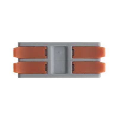 Conector de iluminación LED gris, rectangular con cuatro palancas naranjas, vista superior sobre fondo blanco.