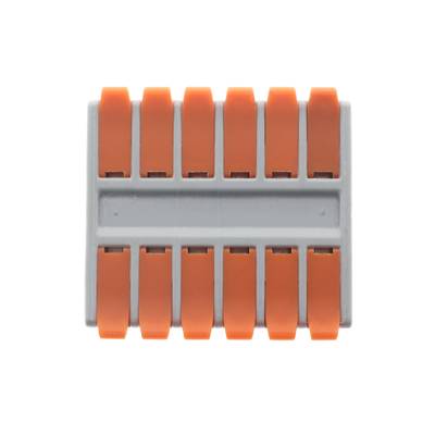 Bloque de conectores eléctricos con diez palancas de color naranja, visto desde arriba, utilizado en instalaciones de iluminación LED.