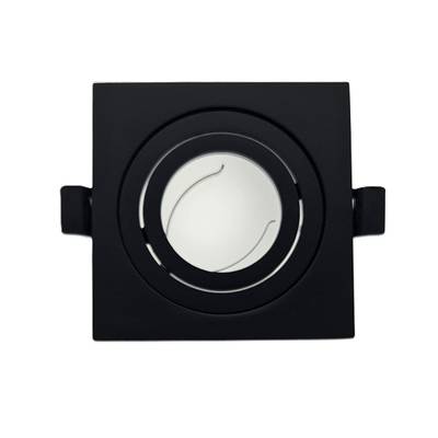 Lámpara de techo LED empotrada negra de forma cuadrada, con abertura redonda, sobre fondo blanco.