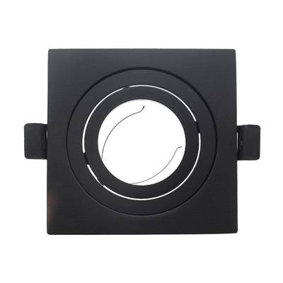 Lámpara de techo LED empotrada negra de forma cuadrada, con abertura redonda, sobre fondo blanco.