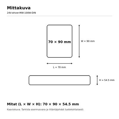 Dibujo técnico de la carcasa de una lámpara LED, dimensiones 70 x 90 x 54,5 mm, dimensiones indicadas en finés
