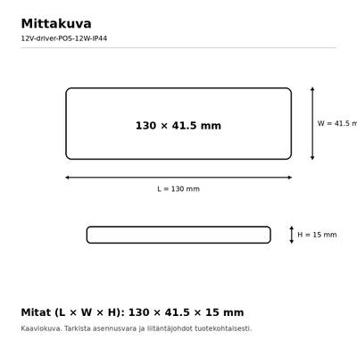 Esquema de la carcasa del controlador LED, 130 × 41,5 × 15 mm, con las medidas de longitud, anchura y altura indicadas
