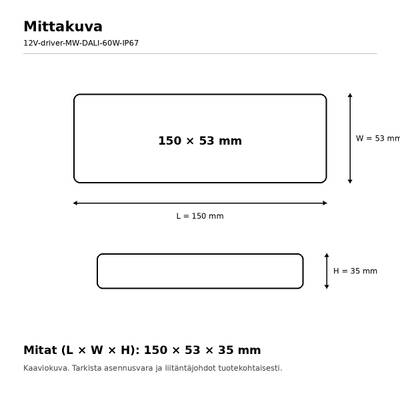 Esquema de las dimensiones de las luminarias LED: 150 x 53 mm y 150 x 53 x 35 mm, con las medidas de los LED.