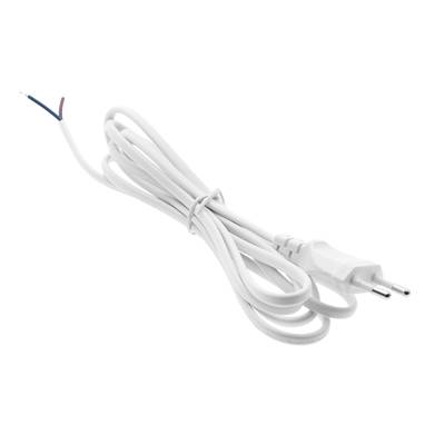 Cable blanco trenzado con enchufe europeo y cable abierto, ideal para instalaciones de iluminación LED. Accesorio eléctrico de alta calidad.