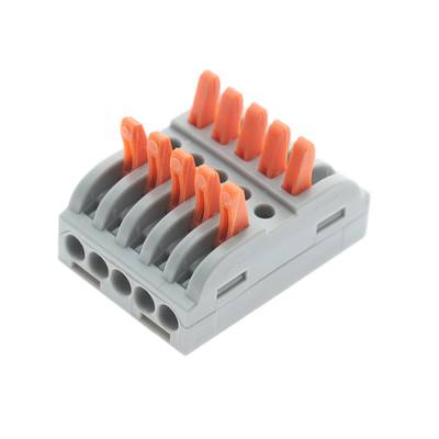 Bloque de conectores de iluminación gris con cinco palancas naranjas para la instalación de LED y el cableado eléctrico de iluminación.