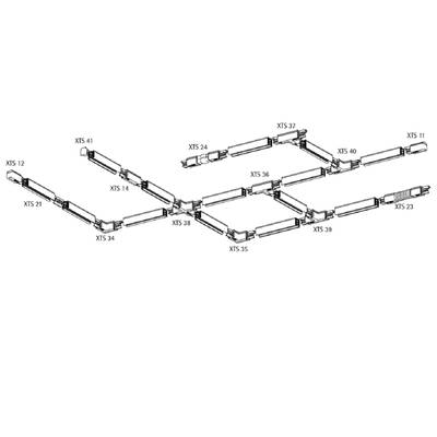 Un diagrama de piezas mecánicas interconectadas, etiquetado XTS 11 - XTS 41, crea un modelo geométrico para optimizar el movimiento de la iluminación LED.