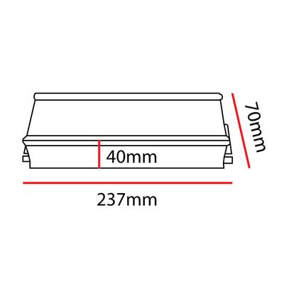 Dibujo lineal de una luminaria LED trapezoidal, dimensiones marcadas en rojo: altura 40 mm, anchura 237 mm y profundidad 70 mm.