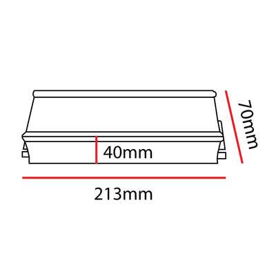 Dibujo lineal de una carcasa de luminaria LED trapezoidal, dimensiones marcadas: altura 70 mm, anchura superior 40 mm, anchura inferior 213 mm.