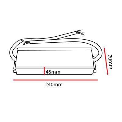 Dibujo lineal de un controlador LED rectangular: 240 mm de ancho, 70 mm de alto, 45 mm de profundidad, con cables salientes en la parte superior. Perfecto para iluminación LED compacta.