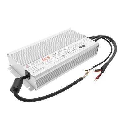 Fuente de alimentación LED rectangular de color plateado con diseño estriado, marcador y cables multicolores que salen de un extremo para soluciones de iluminación.