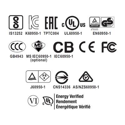 Los logotipos CE, FCC, UL sobre fondo blanco y negro representan la conformidad y los estándares de calidad.