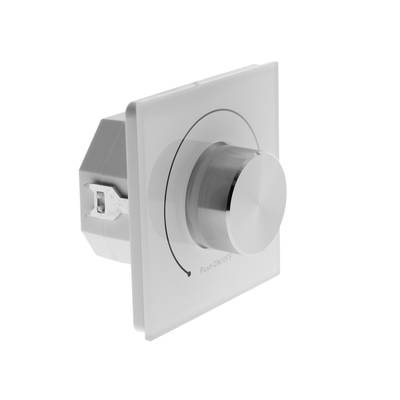 Interruptor giratorio plateado con placa blanca y función de encendido/apagado, ideal para controlar la iluminación LED.