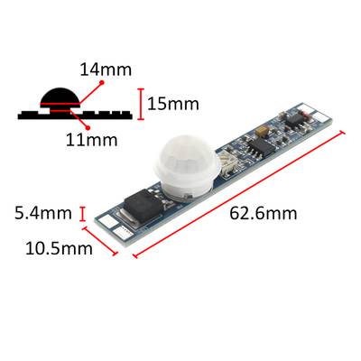 Sensor PIR delgado para iluminación LED, placa de circuito y cúpula compactas, 62,6 x 10,5 x 5,4 mm, cúpula de 14 x 15 mm