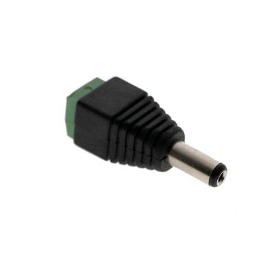 Primer plano de un conector de iluminación LED negro y verde con un cabezal cilíndrico de metal y dos aberturas cuadradas.