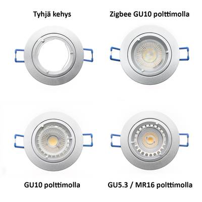 Cuatro luminarias de techo redondas con bombillas Zigbee GU10, GU10 estándar y GU5.3/MR16; una luminaria es un marco en blanco con clips laterales azules.