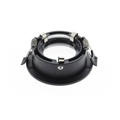 Luminaria empotrada negra con clips de resorte metálicos y una abertura circular en el centro con una base blanca. Ideal para soluciones de iluminación LED modernas.