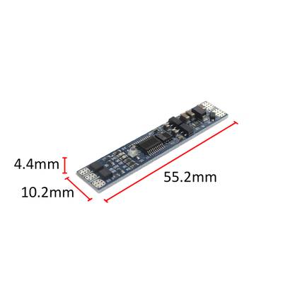 Dibujo lineal de una placa de circuito electrónico, dimensiones 55 mm x 10 mm x 3 mm, detallada con componentes - ideal para aplicaciones de iluminación LED.