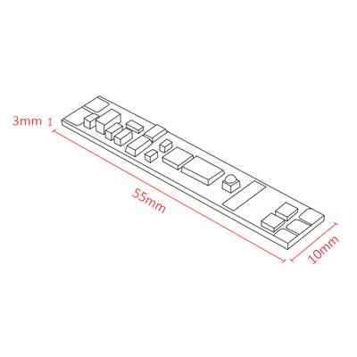 Dibujo lineal de una placa de circuito electrónico, dimensiones 55 mm x 10 mm x 3 mm, detallada con componentes - ideal para aplicaciones de iluminación LED.