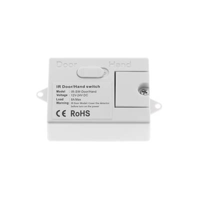 Texto alternativo: "Interruptor IR blanco de puerta/mano con ajustes, modelo, información de voltaje y certificado RoHS para iluminación LED.