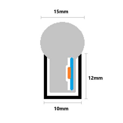 Esquema de una lámpara LED circular: anchura 10 mm, altura 12 mm, con una línea vertical azul y un rectángulo naranja en el lado derecho.