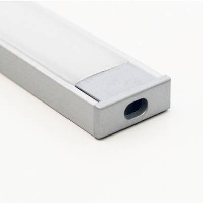 Primer plano de una elegante luminaria LED rectangular blanca y gris sobre fondo blanco liso con un diseño moderno y un pequeño detalle de agujero.