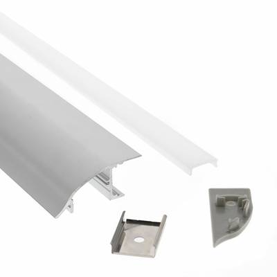 Kit de canalización LED de aluminio con tapa esmerilada, tapa final y clips de montaje para una instalación de iluminación elegante sobre una base blanca.